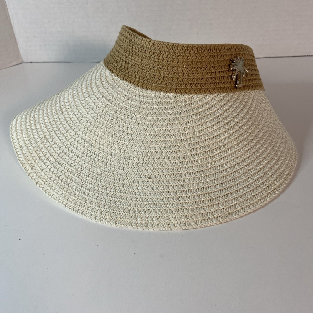 Juicy Couture Wicker Visor‎ Hat One Size Elastic Back Ivory Tan Palm Tree Resort